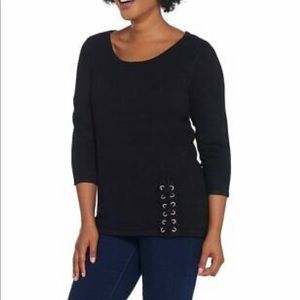 Brand New Joan Rivers Black Scoop Neck Sweater Lace Up Detail 3/4 Sleeve Plus 2X